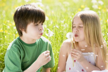 Two young children sitting outdoors blowing dandelion heads smil clipart