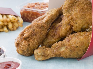 Southern Fried Chicken In A Box With Fries, Baked Beans, Colesla clipart