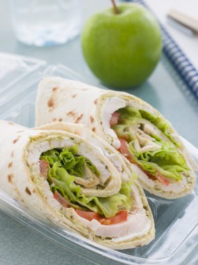 Chicken Salad Tortilla Wrap With A Green Apple And Water clipart