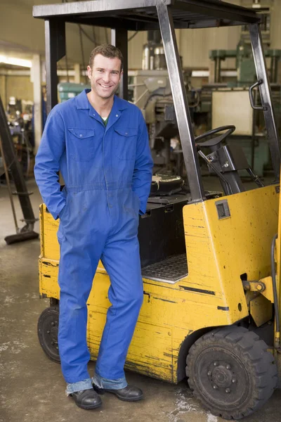 Warehouse Worker Standing Forklift — Stock Photo, Image