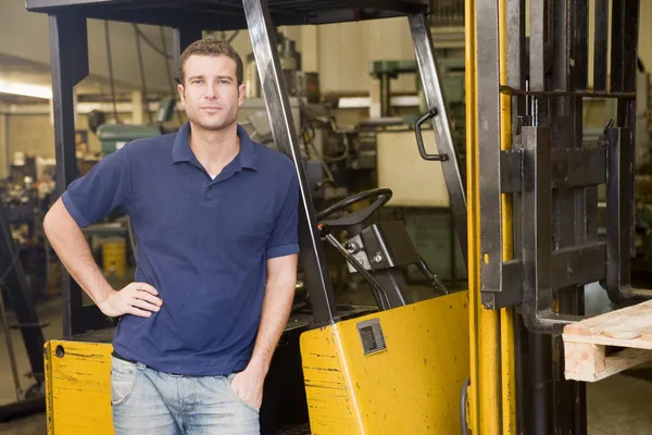 Warehouse Worker Standing Forklift — Stock Photo, Image