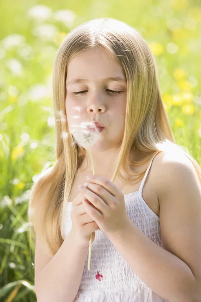 屋外タンポポ頭を吹いている座っている若い女の子 — ストック写真
