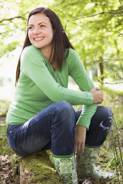 Mujer Aire Libre Bosque Sentado Tronco Sonriendo —  Fotos de Stock