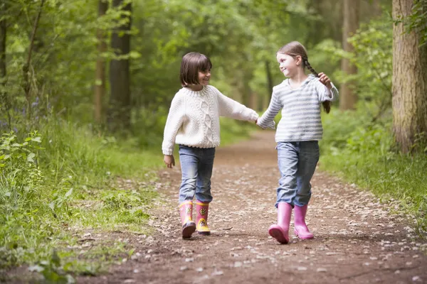 Twee zussen lopen op pad hand in hand glimlachen — Stockfoto