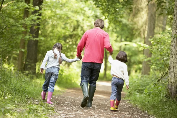 Батько і дочки ходять стежкою, тримаючи руки — стокове фото