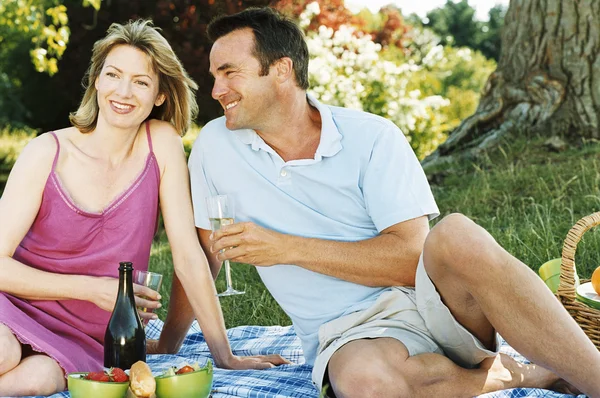 Couple Sitting Outdoors Picnic Smiling — Stock Photo, Image