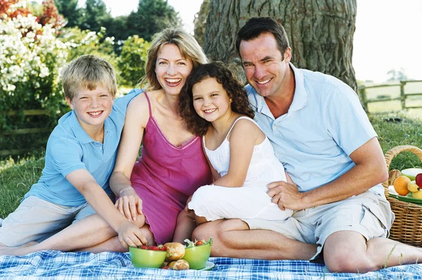 Familia sentada al aire libre con picnic sonriendo — Foto de Stock