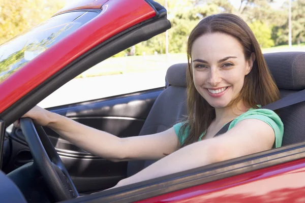 Woman Convertible Car Smiling — Stock Photo, Image