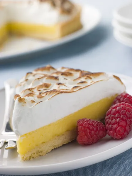Slice Of Lemon Meringue Pie With Raspberries — Stock Photo, Image