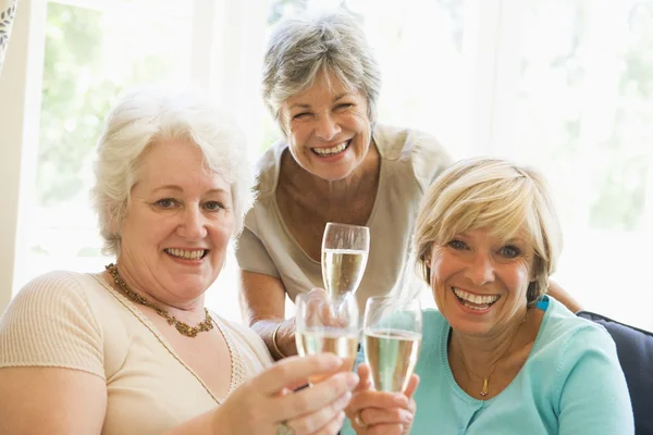 Şampanya Içmek Gülümseyerek Oturma Odasında Kadın — Stok fotoğraf