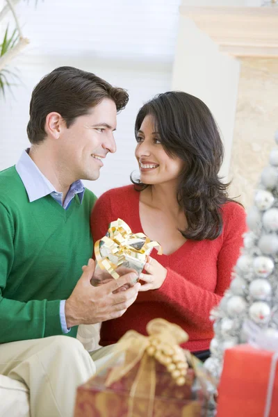 Man överraskande fru med julklapp — Stockfoto