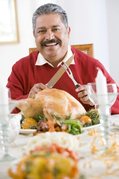 Senior Man Excitedly Getting Ready Carve Turkey — Stock Photo, Image