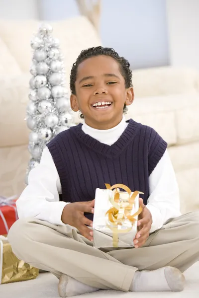 Προσωπογραφία αγοριού με χριστουγεννιάτικο δώρο — Φωτογραφία Αρχείου