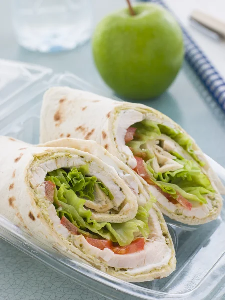 Chicken Salad Tortilla Wrap With A Green Apple And Water — Stock Photo, Image