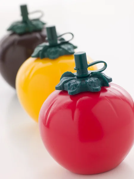 Três Garrafas Molho Forma Tomate — Fotografia de Stock