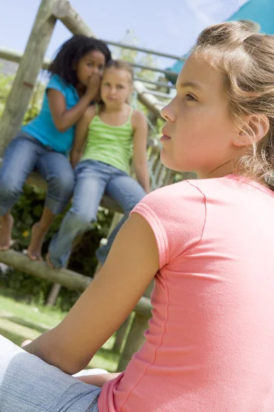Two Young Girl Friends Playground Whispering Other — Stock Photo, Image