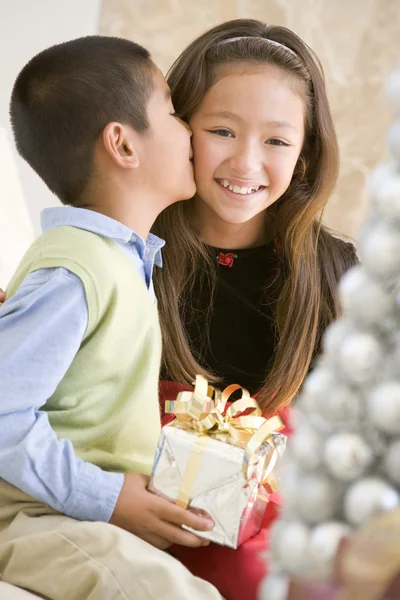 Irmão Beijando Sua Irmã Bochecha Segurando Natal Fotografia De Stock