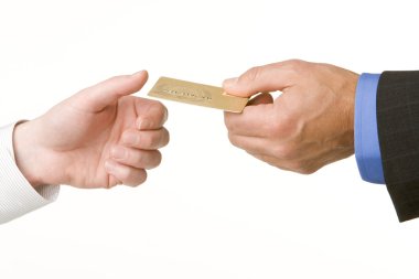 Businessmen Passing Another A Gold Credit Card clipart