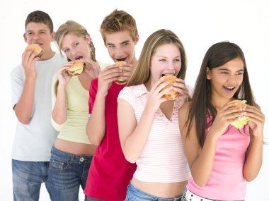 Row of five friends eating hamburgers clipart