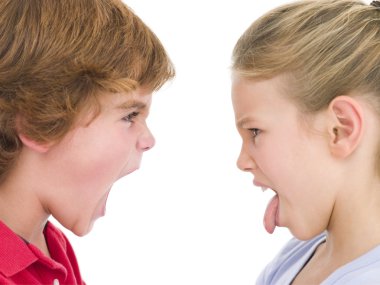 Brother shouting at sister sticking her tongue out clipart