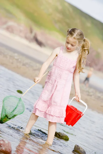 Junges Mädchen Strand Mit Netz Und Eimer — Stockfoto