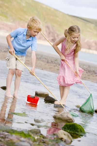 Irmão e irmã na praia com redes e baldes — Fotografia de Stock