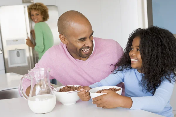 Father Sitting Daughter She Eat Breakfast Her — Stock Photo, Image