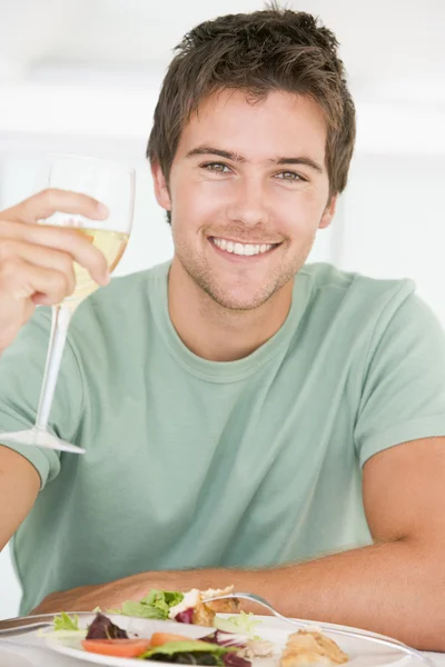 Young Man Enjoying Meal Mealtime Glass Wine — Stock Photo, Image