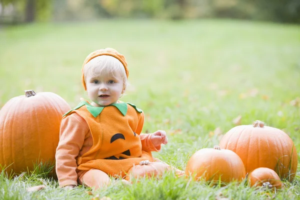 Açık Havada Gerçek Pumpkins Ile Kabak Kostüm Giymiş Erkek Bebek — Stok fotoğraf