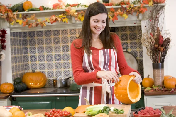 Woman Carving Jack Lantern Halloween Smiling — Stock Photo, Image