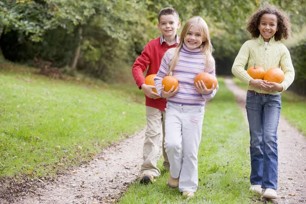 Drie jonge vrienden lopen op pad met pumpkins glimlachen — Stockfoto