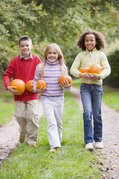 Drie Jonge Vrienden Lopen Pad Met Pumpkins Glimlachen — Stockfoto