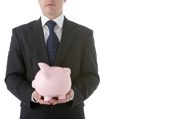 Empresário Segurando Piggy Bank — Fotografia de Stock