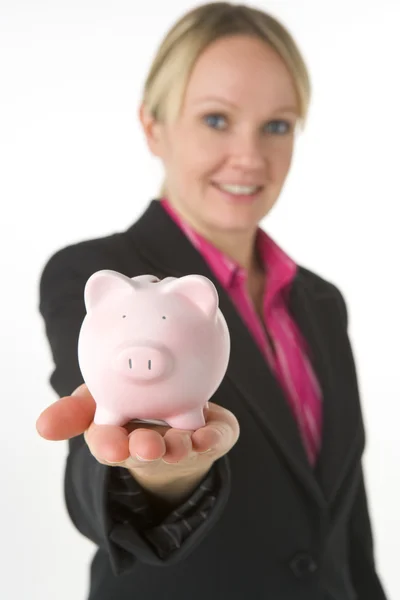 Businesswoman Holding Piggy Bank — Stock Photo, Image
