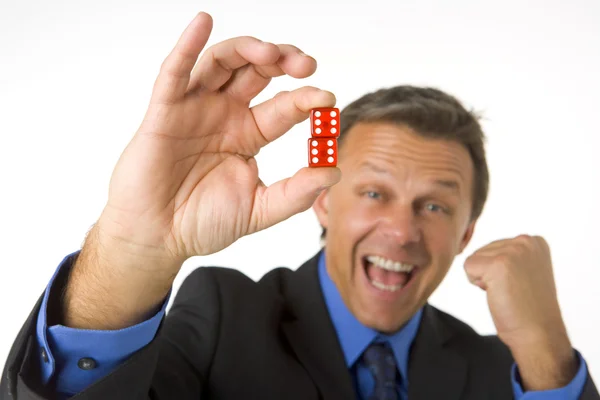 Businessman Holding Two Red Dice — Stock Photo, Image