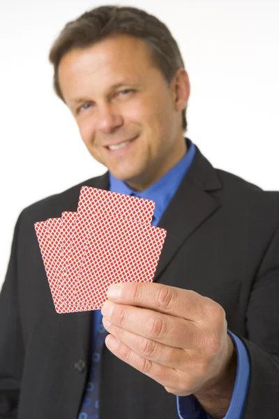 Empresário Segurando Jogando Cartas — Fotografia de Stock