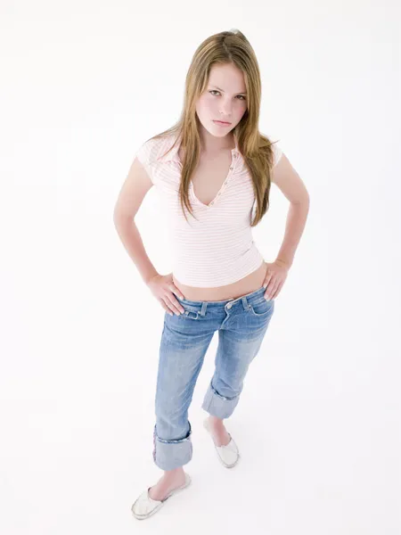 Teenage Girl Hands Hips Frowning — Stock Photo, Image