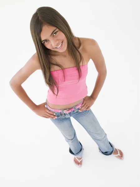 Young Girl Standing Hands Hips Smiling — Stock Photo, Image