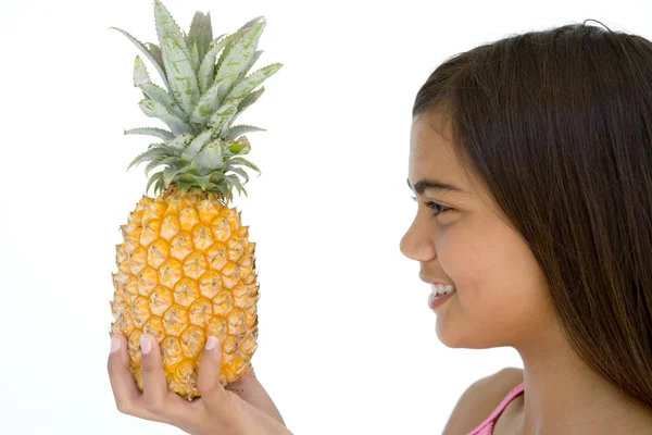 Young Girl Holding Pineapple Smiling — Stock Photo, Image