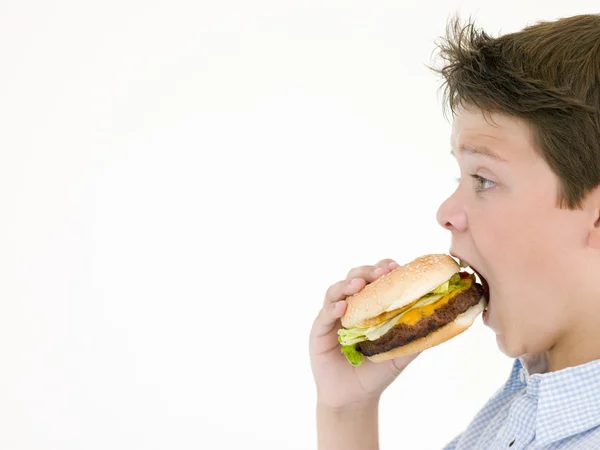 Jonge jongen cheeseburger eten — Stockfoto