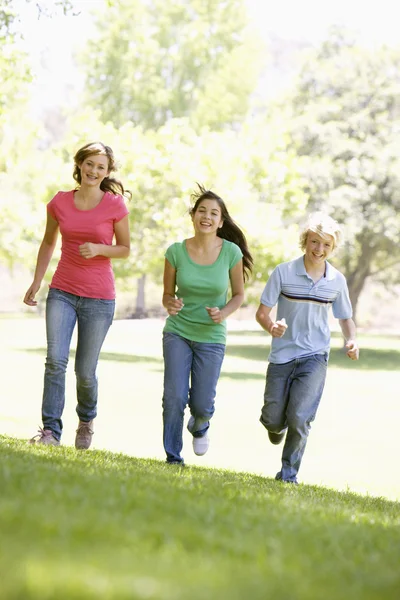 Adolescentes correndo através do parque — Fotografia de Stock