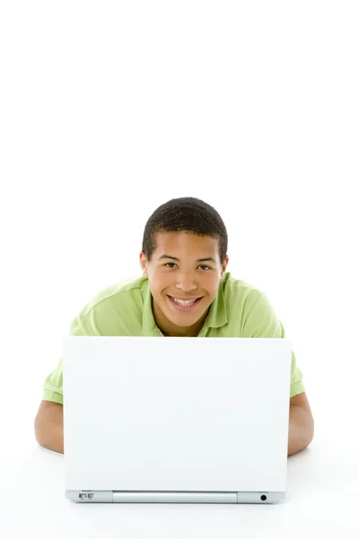 Porträtt Tonårig Pojke Hans Laptop — Stockfoto