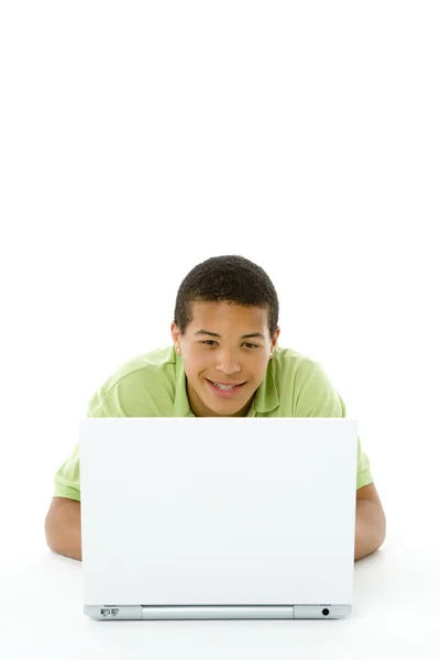 Portrait Teenage Boy His Laptop — Stock Photo, Image