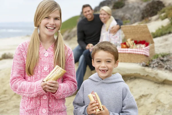 Rodzinne Posiłki Świeżym Powietrzu Plaży — Zdjęcie stockowe