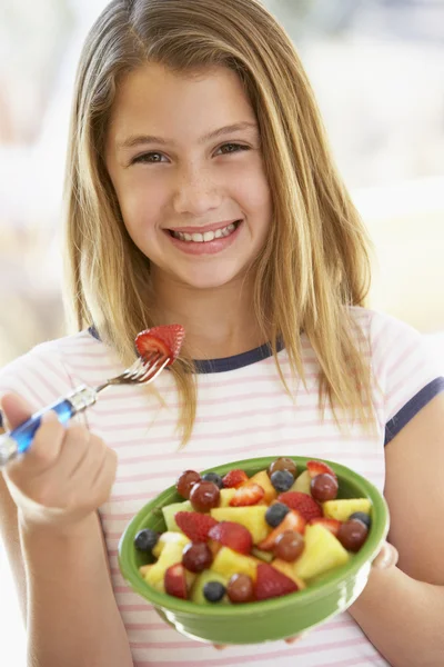 Young Girl Eating Fresh Fruit Salad — Stock Photo, Image
