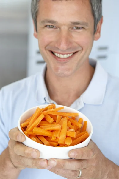 Middle Aged Man Holding Bowl Carrots — Stock Photo, Image