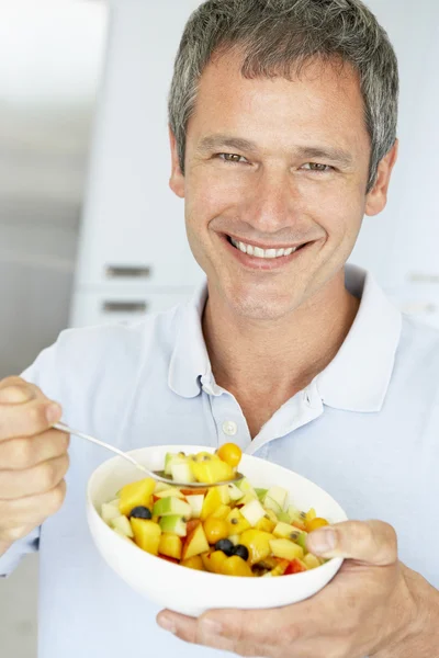 Middle Aged Man Eating Fresh Fruit Salad — Stock Photo, Image
