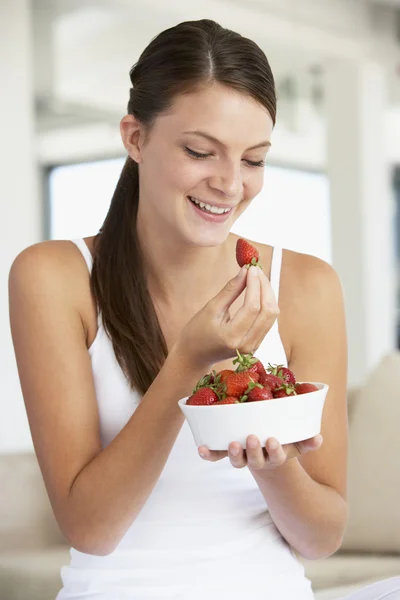 Young Woman Eating Bowl Fresh Strawberries — Stock Photo, Image