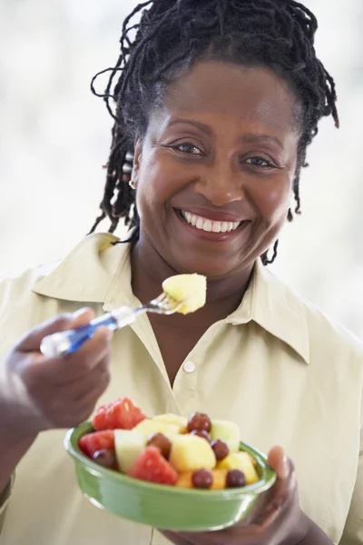 Senior Woman Eating Fresh Fruit Salad — Stock Photo, Image