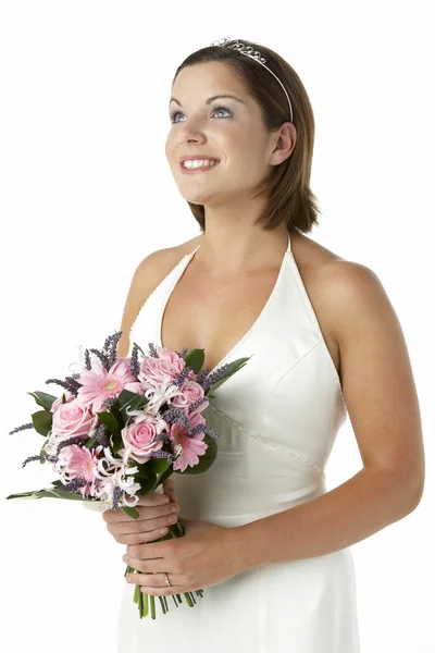 Retrato Noiva Segurando Buquê Flores — Fotografia de Stock